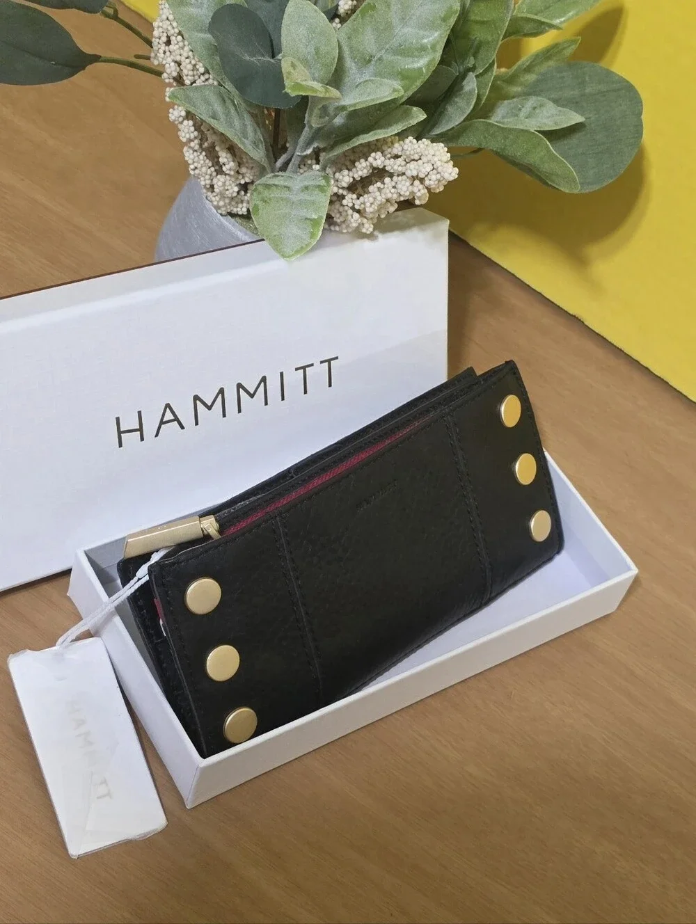 Hammitt Black Leather Zip Wallet with Gold Disc Accents